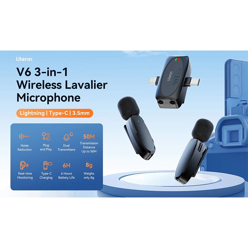 Picture of ULANZI V6 Wireless Lavalier Microphone for iPhone iPad Android Camera, 3-in-1 Plug-Play Mic for Phone Video Recording Interview Youtubers Vloggers, 164ft Transmission Range Black