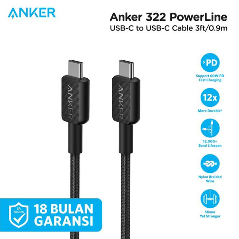 Picture of Anker 322 USB-C To USB-C Cable 3ft 60W Nylon Braided Cable Safe charging Multicolor