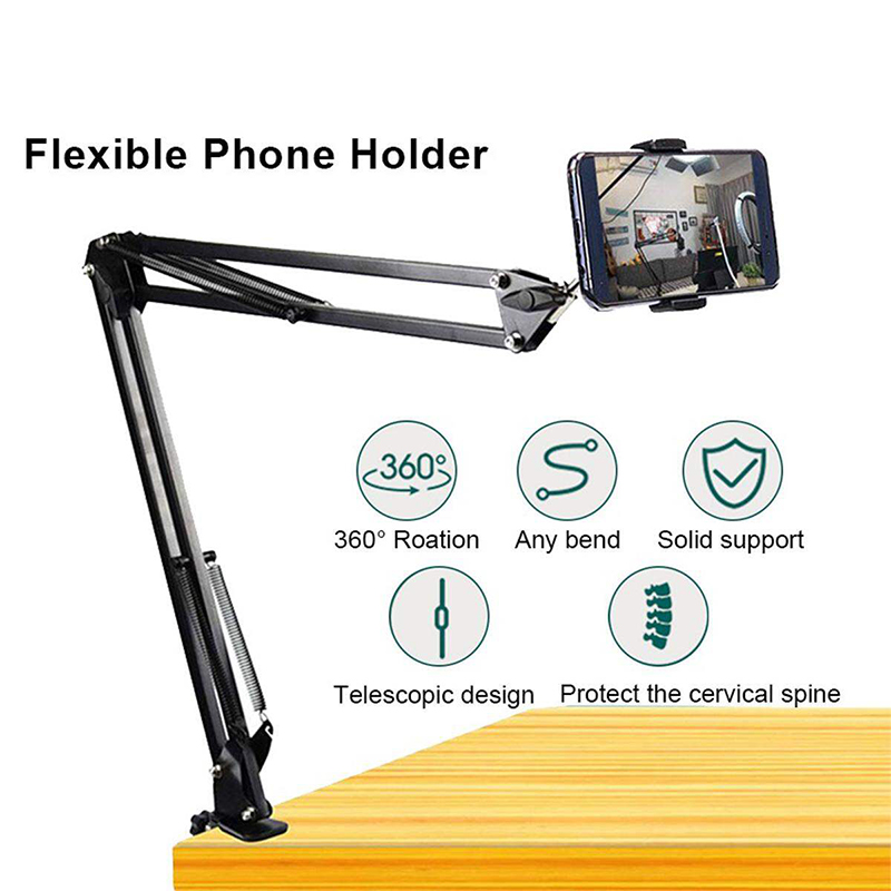 Picture of Overhead Video Stand Phone Holder Articulating Arm Phone Mount Table Top ChromLives Scissor Boom Arm Articulating Phone Stand Tablet Phone Holder for Streaming Phone Baking Crafting Black