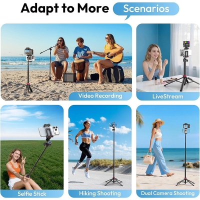 Picture of ULANZI MT-44B Phone Tripod, 59'' Auto Open Phone Stand with Dual Camera Set up, 360° Ball Head, Extendable Selfie Stick w Cold Shoe for Filming/Selfie in Vlog, Family Gatherings, Black Visit the ULANZI Store Black