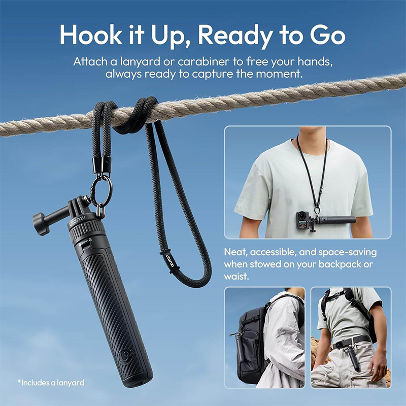 Picture of ULANZI MT92 Action Camera Selfie Stick Tripod 23.62", Portable Adjustable Vlog Handle Grip with Neck Lanyard for GoPro Hero 13/12/11/10/9/8/7/6, AKASO, DJI Osmo Action 6/5 Pro/4/3, Insta360 Black