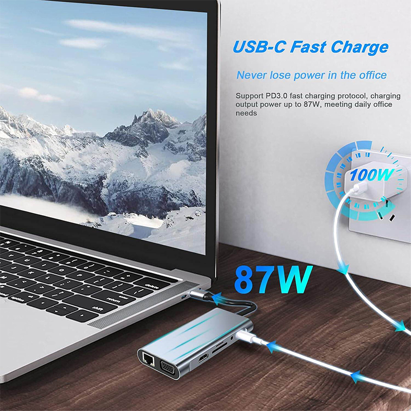 Picture of Type-C to HDTV 11-in-1 HDMI, VGA, Type C PD, USB3.0, RJ45 Ethernet, SD/TF Card Reader, and 3.5mm AUX Multi-Function Dock Station Adapter Grey