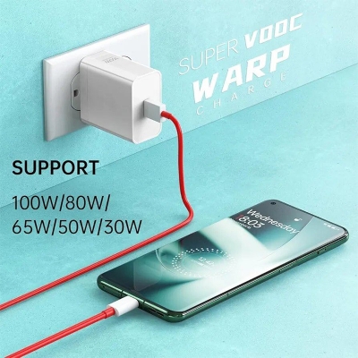 Picture of Oneplus Charger Supervooc 100W Type-A Power Adapter EU US Super Fast Type C Cable One Plus 12 11 10 Pro Nord CE 3 White
