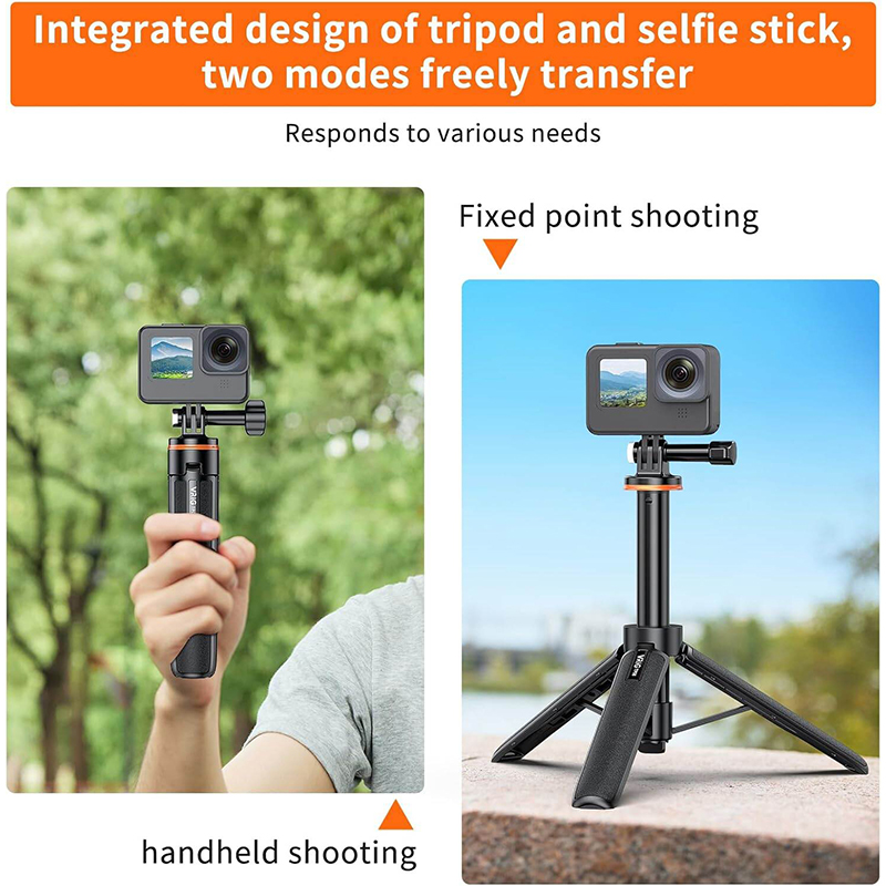 Picture of VRIG TP21 Extendable Selfie Stick Tripod for GoPro Max Hero 10 9 8 7 6 5 4, DJI Osmo Action, Insta 360 One R and More Action Camera（55.1''） Black