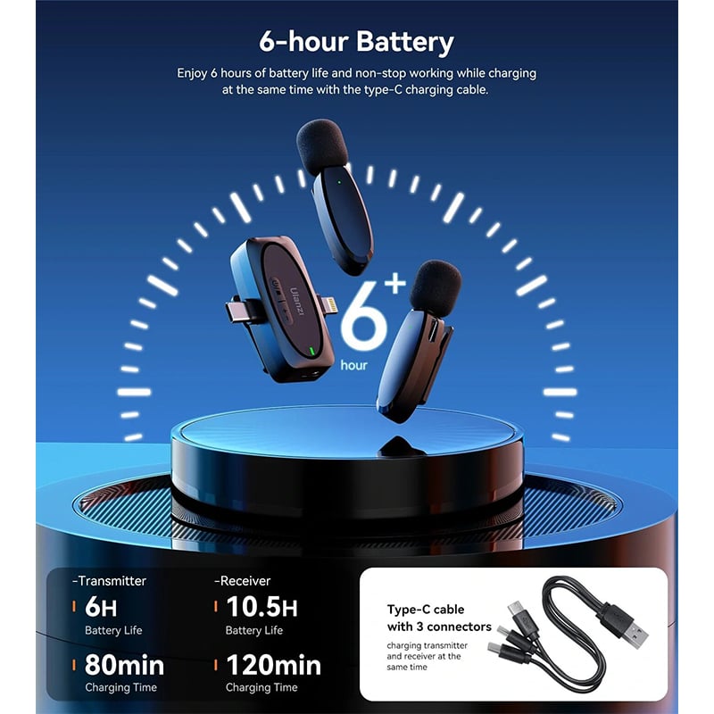 Picture of ULANZI V6 Wireless Lavalier Microphone for iPhone iPad Android Camera, 3-in-1 Plug-Play Mic for Phone Video Recording Interview Youtubers Vloggers, 164ft Transmission Range Black