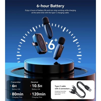 Picture of ULANZI V6 Wireless Lavalier Microphone for iPhone iPad Android Camera, 3-in-1 Plug-Play Mic for Phone Video Recording Interview Youtubers Vloggers, 164ft Transmission Range Black