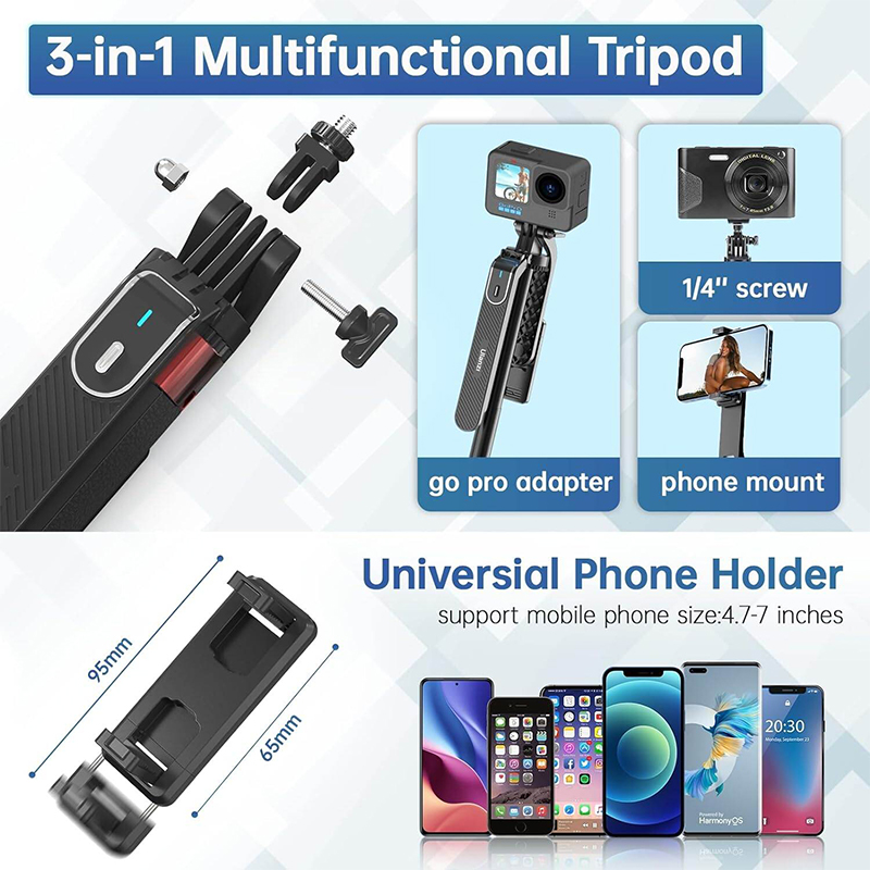 Picture of ULANZI MA09 Extendable Phone Tripod, 71" Selfie Stick Phone Vlog Tripod Stand Quadrapod with All in 1 Phone Clip, Travel Tripod Phone Holder with Rechargeable Remote for iPhone Sony Canon Black