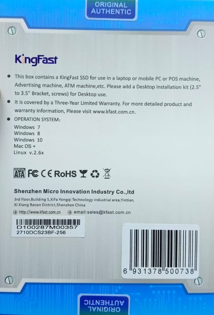 Picture of S-S-D 256gb 2.5 inch SATA KING FAST OR OC TECH Solid State Drive AVAILABLE AS STOCK 3 years service warranty - Black
