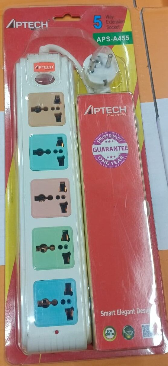 Picture of Power Strip APTECH APS-A455 For Multu uses Ensure Quality 5 way 3 Pin Smart Elegant Design