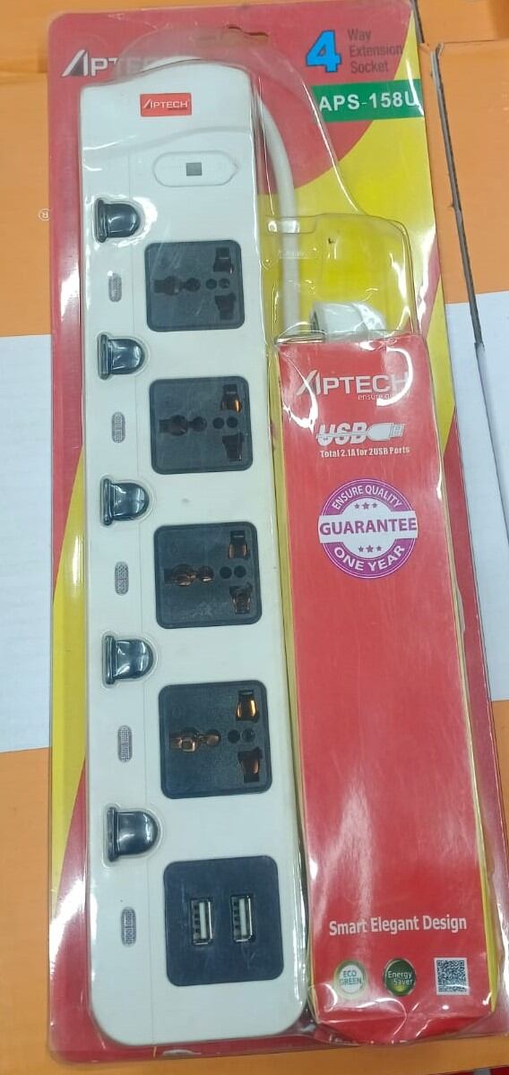 Picture of Power Strip APTECH APS-158U For Multu uses WITH 2 USB PORT Ensure Quality 4 way 3 Pin Smart Elegant Design
