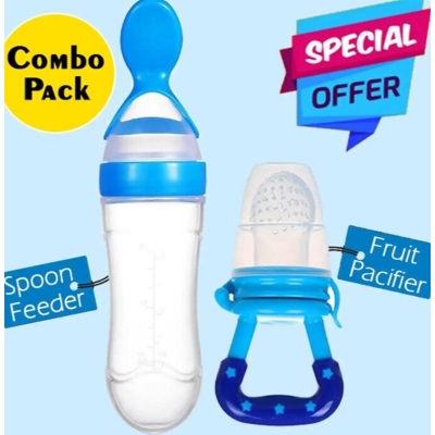 Picture of Baby Silicone Squeeze Spoon Feeder (90ML Bottle) with Fruit Pacifier for Baby-Blue