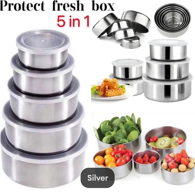 Picture of Stainless Steel Food Box 5 Pieces With Food Grade Plastic Cover - Tiffin Box For Office-Silver