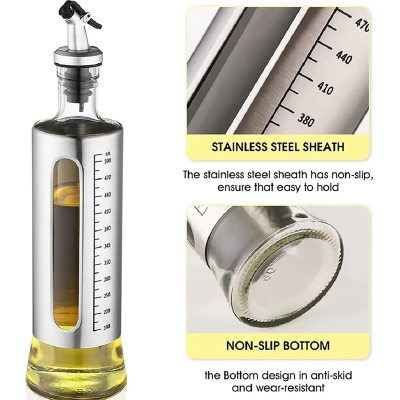 Picture of 500ml Glass Oil Dispenser Bottle with Stainless Steel Cover & Anti-Drip Pourer – Kitchen Oil Bottle with Measurement Scale-Multicolor