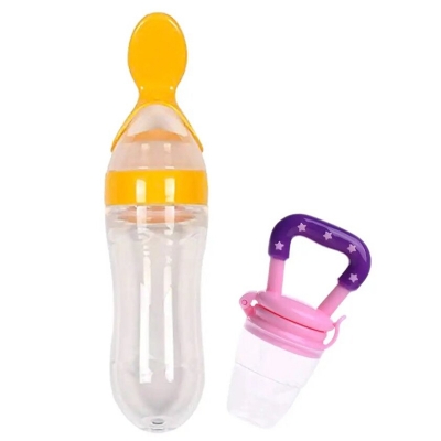 Picture of Baby Silicone Squeeze Spoon Feeder (90ML Bottle) with Fruit Pacifier for Baby-Blue