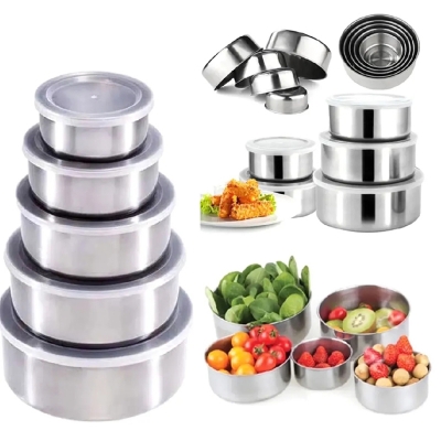 Picture of Stainless Steel Food Box 5 Pieces With Food Grade Plastic Cover - Tiffin Box For Office-Silver