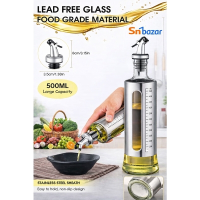 Picture of 500ml Glass Oil Dispenser Bottle with Stainless Steel Cover & Anti-Drip Pourer – Kitchen Oil Bottle with Measurement Scale-Multicolor