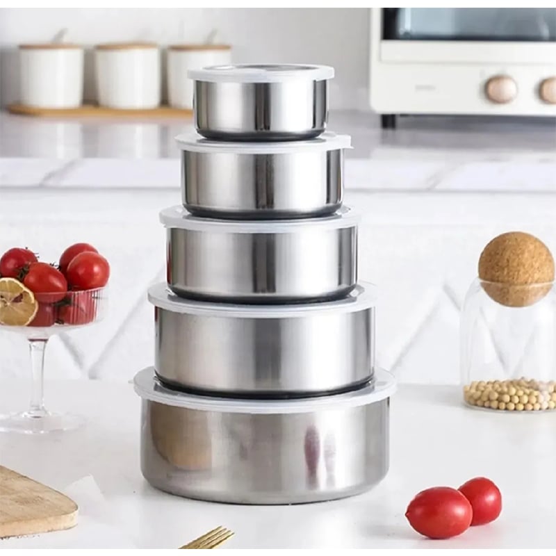 Picture of Stainless Steel Food Box 5 Pieces With Food Grade Plastic Cover - Tiffin Box For Office-Silver