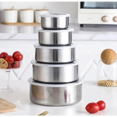 Picture of Stainless Steel Food Box 5 Pieces With Food Grade Plastic Cover - Tiffin Box For Office-Silver