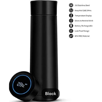 Picture of Stainless Steel Smart Water Bottle Temperature Display Travel Mug Smart Cup LED Digital Smart Vacuum Cup Hot Water Bottle Travel Cup Intelligent Temperature Measuring Cup 500ml-Black
