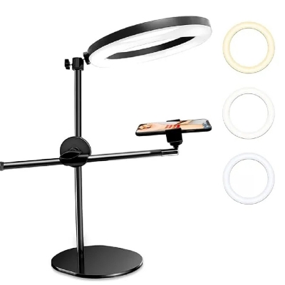 Picture of Phone Tripod Mount with 10 inch LED Ring Light Lamp, Overhead Shot Tabletop Stand with Mobile Phone Holder for Nail Art Food Shooting-Black