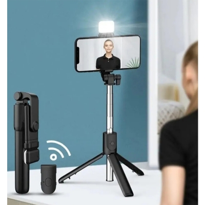 Picture of R1S Bluetooth Integrated Selfie Stick with Light and Bluetooth Remote Control-Black