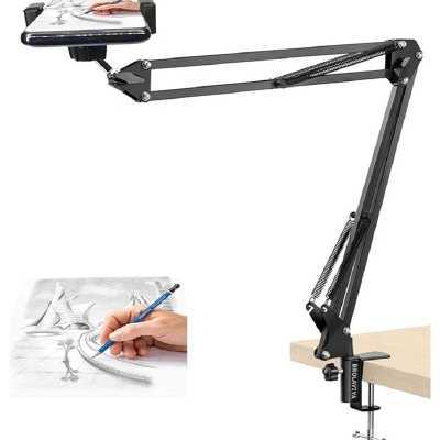 Picture of Overhead Video Stand Phone Holder Articulating Arm Phone Mount Table Top ChromLives Scissor Boom Arm Articulating Phone Stand Tablet Phone Holder for Streaming Phone Baking Crafting-Black