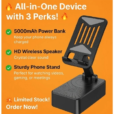 Picture of Foldable Mobile Phone Desk Holder,Wireless Speaker with Stand - 3 in 1 Mobile Phone Holder,360 Rotating Phone Stand,Phone Stand with Speaker, Cellphone Holder with Bluetooth Speaker-Black