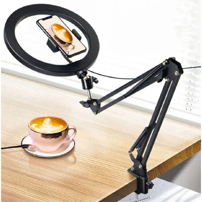 Picture of Overhead Video Stand with 10 inch Ring Light and Phone Mount for Drawing, Cooking Video, Facebook, YouTube Live-Black