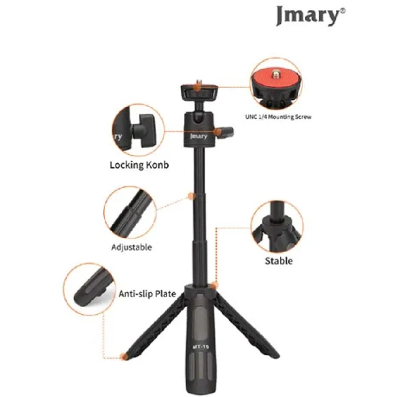 Picture of Jmary MT-19 Mini Tripod Stand with Universal Mobile Phone Holder and High quality aluminum alloy Ball-Head-Black