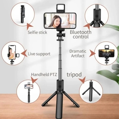 Picture of R1S Bluetooth Integrated Selfie Stick with Light and Bluetooth Remote Control-Black
