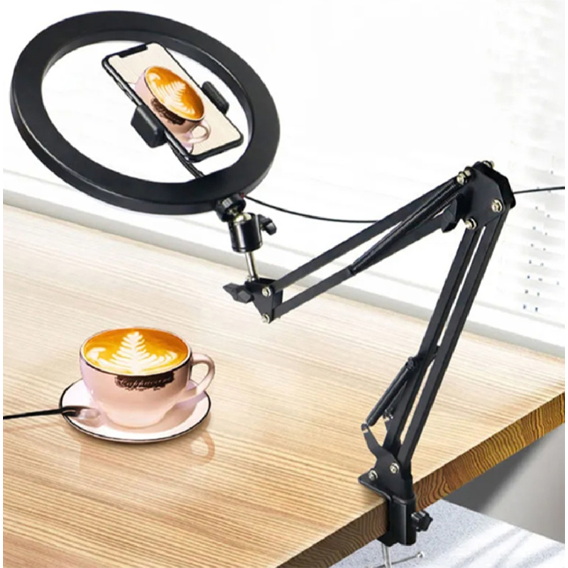 Picture of Overhead Video Stand with 10 inch Ring Light and Phone Mount for Drawing, Cooking Video, Facebook, YouTube Live Streaming-Black