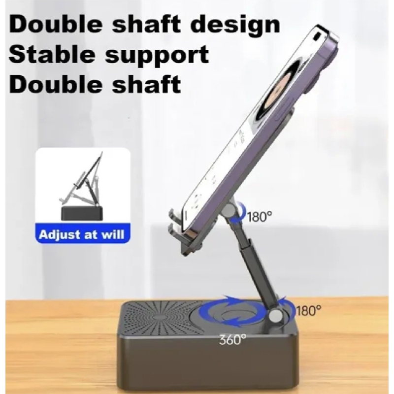 Picture of Foldable Mobile Phone Desk Holder,Wireless Speaker with Stand - 3 in 1 Mobile Phone Holder,360 Rotating Phone Stand,Phone Stand with Speaker, Cellphone Holder with Bluetooth Speaker-Black