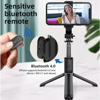 Picture of Q07 Selfie Stick & Mini Tripod with Bluetooth Remote, Fill Light & 100cm Extendable Rod for Phones-Black