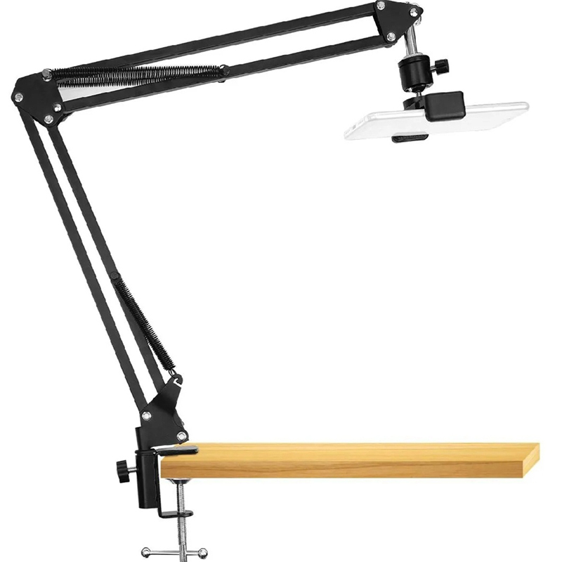 Picture of Overhead Video Stand Phone Holder Articulating Arm Phone Mount Table Top ChromLives Scissor Boom Arm Articulating Phone Stand Tablet Phone Holder for Streaming Phone Baking Crafting-Black