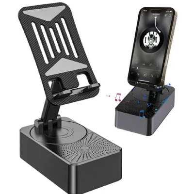 Picture of Foldable Mobile Phone Desk Holder,Wireless Speaker with Stand - 3 in 1 Mobile Phone Holder,360 Rotating Phone Stand,Phone Stand with Speaker, Cellphone Holder with Bluetooth Speaker-Black