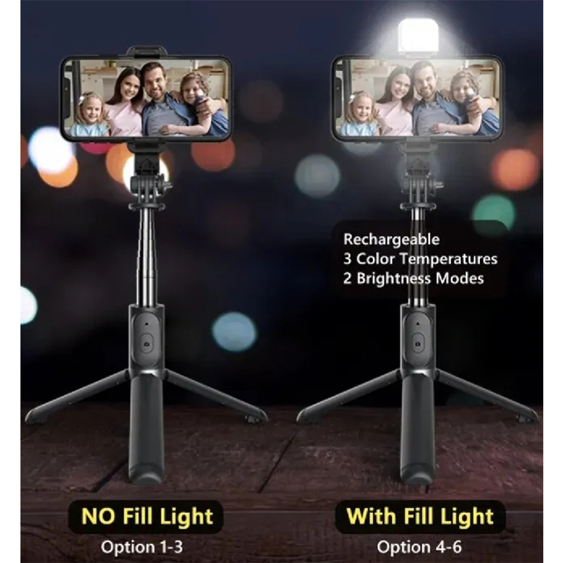 Picture of Q07 Selfie Stick & Mini Tripod with Bluetooth Remote, Fill Light & 100cm Extendable Rod for Phones-Black