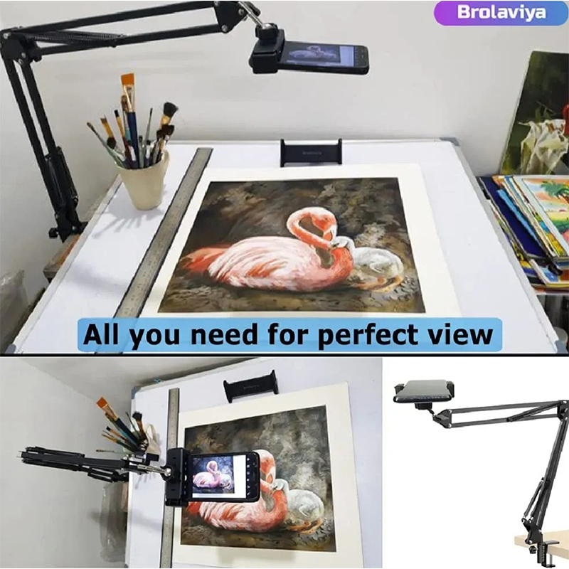 Picture of Overhead Video Stand Phone Holder Articulating Arm Phone Mount Table Top ChromLives Scissor Boom Arm Articulating Phone Stand Tablet Phone Holder for Streaming Phone Baking Crafting-Black