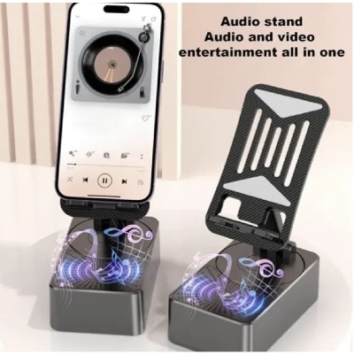 Picture of Foldable Mobile Phone Desk Holder,Wireless Speaker with Stand - 3 in 1 Mobile Phone Holder,360 Rotating Phone Stand,Phone Stand with Speaker, Cellphone Holder with Bluetooth Speaker-Black