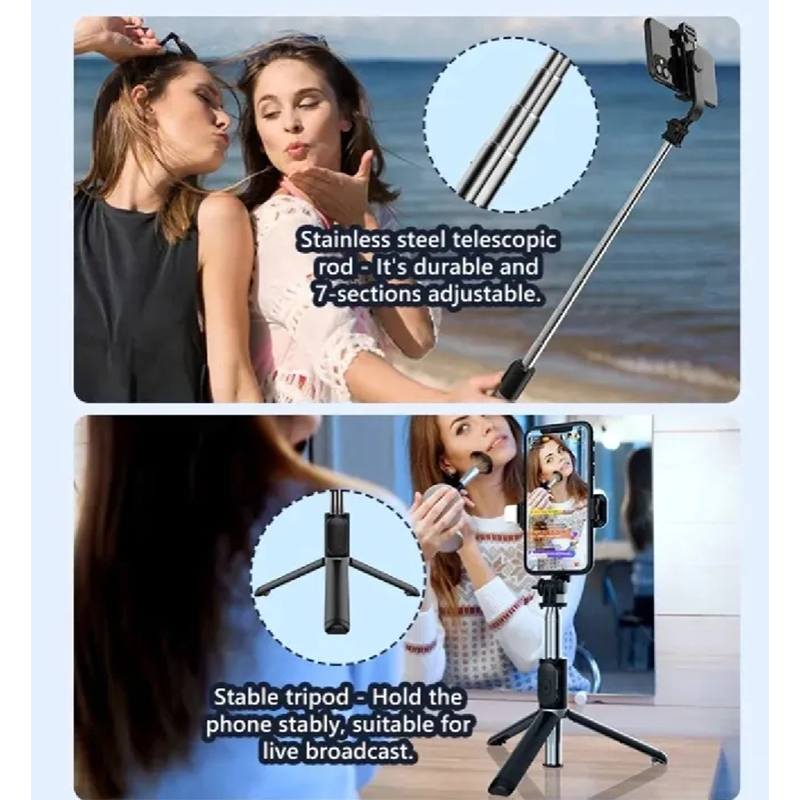 Picture of Q07 Selfie Stick & Mini Tripod with Bluetooth Remote, Fill Light & 100cm Extendable Rod for Phones-Black