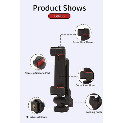 Picture of JMARY BH-05 Mobile Phone Holder 2 Cold Shoe, 360º Rotation Mobile Phone Smartphone Tripods Adapter for iPhone Galaxy Huawei Xiaomi Google Oneplus DSRL Gimbals