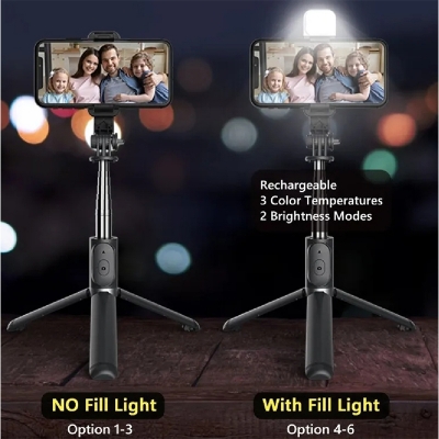 Picture of Q07 Selfie Stick Foldable Mini Tripod with Fill Light Bluetooth Remote Shutter Retractable Rod for Phone (100cm)-Black
