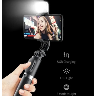 Picture of Q07 Selfie Stick & Mini Tripod with Bluetooth Remote, Fill Light & 100cm Extendable Rod for Phones-Black