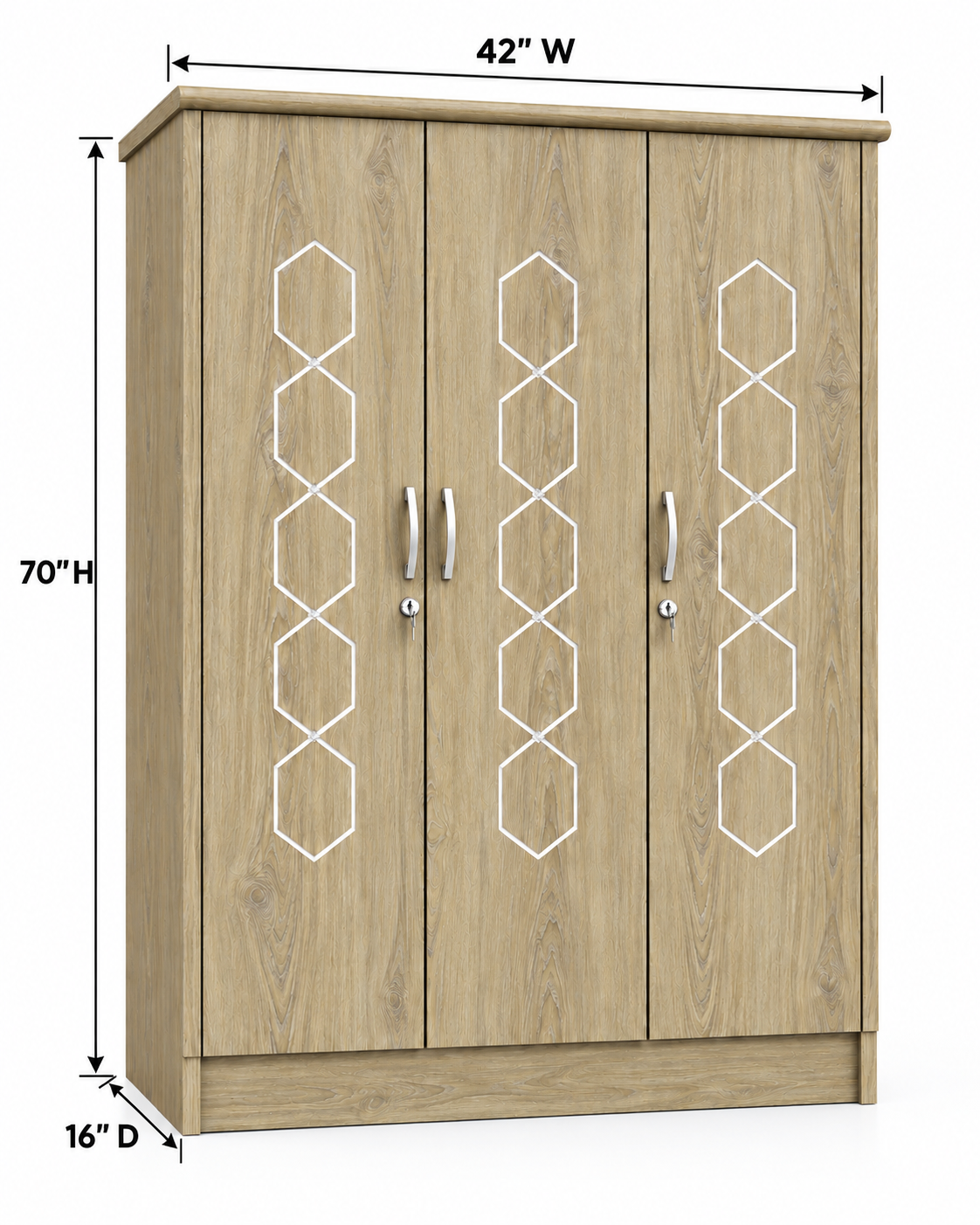 Picture of FurniQ Furniture 3 Door Wardrobe, 3 Door Almirah, Bedroom Wardrobe, Clothes Storage Cabinet, Modern Wardrobe Design, Hexagon Design Wardrobe, Melamine Board Furniture, 60 W × 21 D × 73 H Inches | FurniQ Furniture