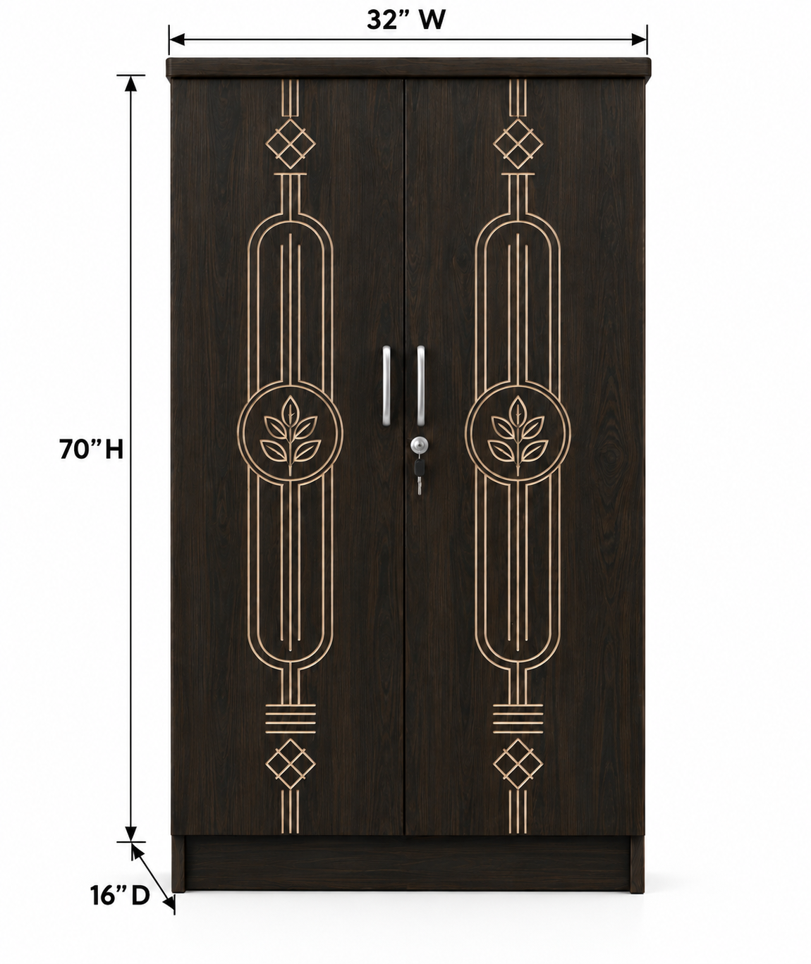 Picture of FurniQ Furniture 2 Door Wardrobe, 2 Door Almirah, Bedroom Wardrobe, Clothes Storage Cabinet, Melamine Board Wardrobe, CNC Design Wardrobe, Modern Wardrobe, 32 W × 21 D × 72 H Inches | FurniQ Furniture