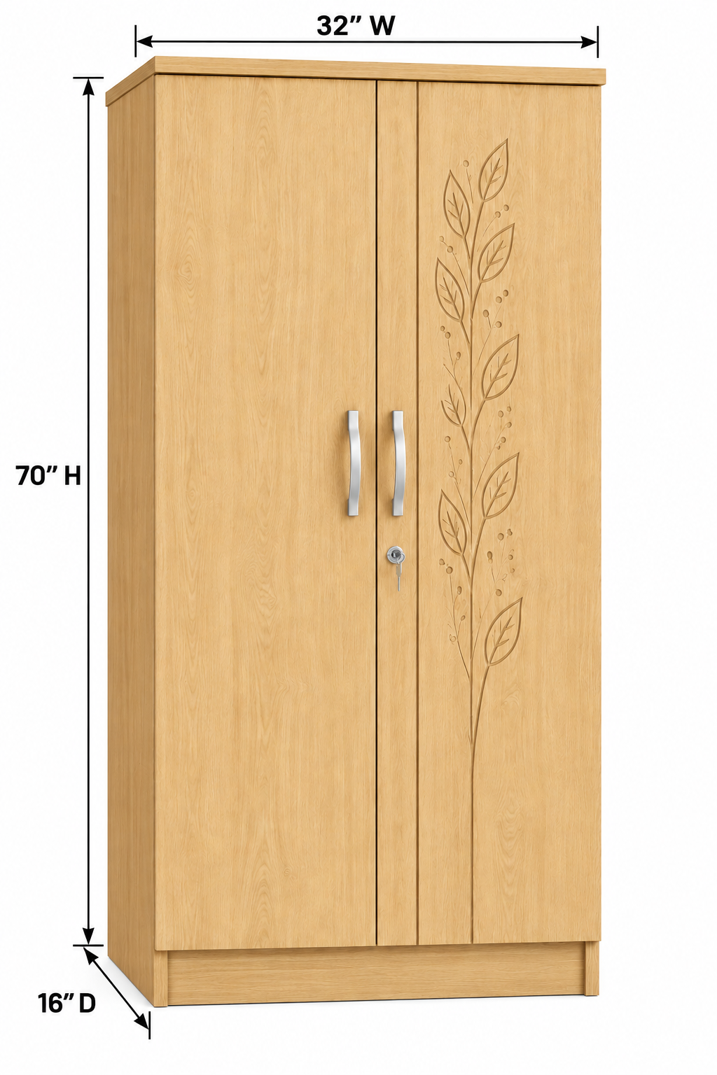 Picture of FurniQ Furniture 2 Door Wardrobe, 2 Door Almirah, Bedroom Wardrobe, Clothes Storage Cabinet, Leaf Design Wardrobe, Melamine Board Wardrobe, Modern Wardrobe Design, 36 W × 20 D × 72 H Inches | FurniQ Furniture