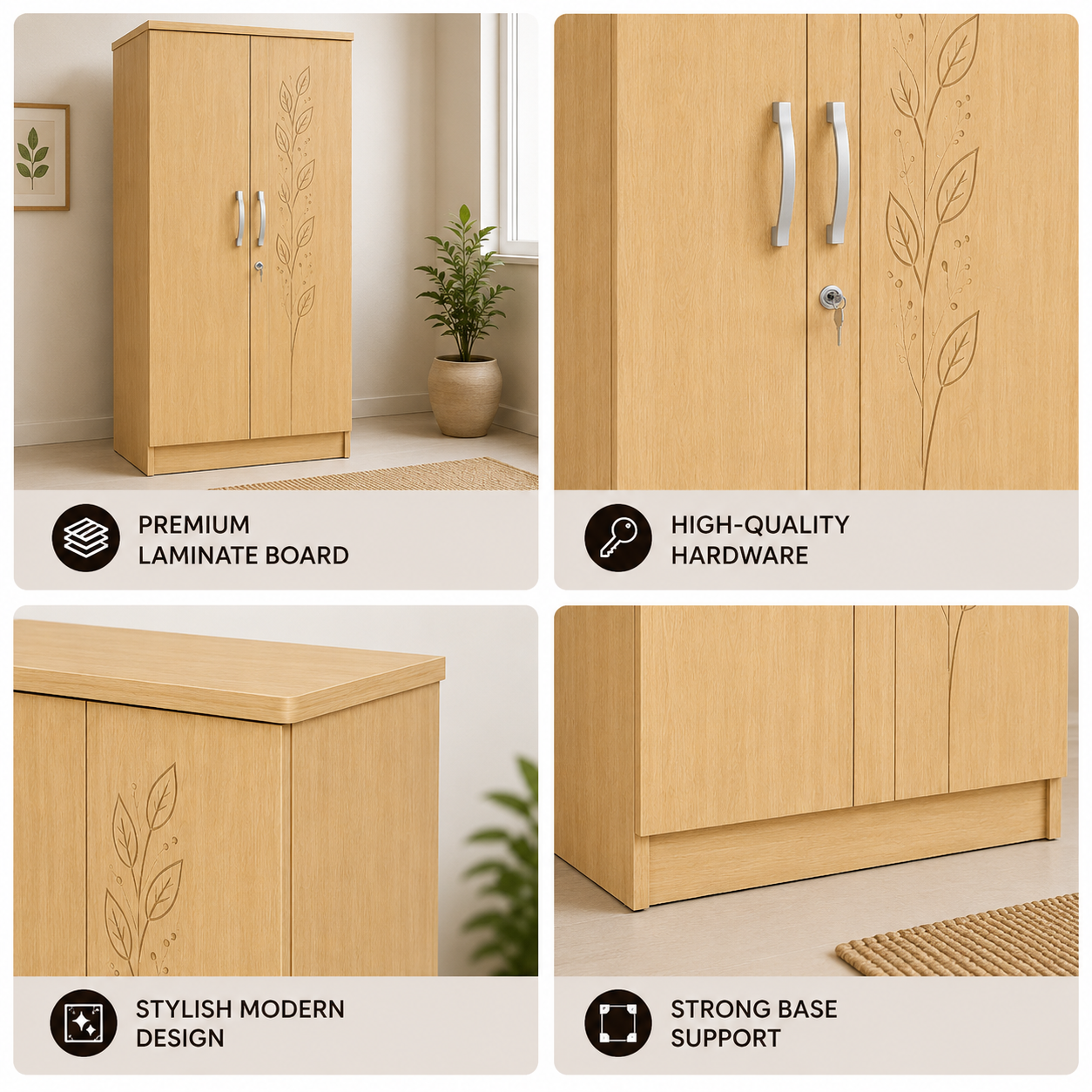 Picture of FurniQ Furniture 2 Door Wardrobe, 2 Door Almirah, Bedroom Wardrobe, Clothes Storage Cabinet, Leaf Design Wardrobe, Melamine Board Wardrobe, Modern Wardrobe Design, 36 W × 20 D × 72 H Inches | FurniQ Furniture
