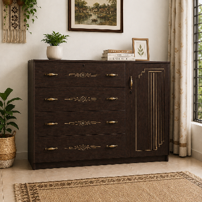 Picture of FurniQ Furniture 1 Door Wardrobe with 4 Drawers, 1 Door Almirah, Bedroom Storage Cabinet, Clothes Storage Cabinet, Wardrobe with Drawers, 4 Drawer Storage Cabinet, Bedroom Cupboard, Multipurpose Storage Cabinet, Melamine Board Wardrobe, 48W × 16 D × 48 H Inches | FurniQ Furniture