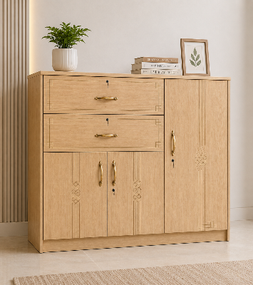 Picture of FurniQ Furniture 3 Door Cupboard, 3 Door Cabinet, Storage Cupboard, Storage Cabinet, Home Storage Cabinet, 2 Drawer Cupboard, Bedroom Cupboard, Multipurpose Storage Cabinet, Melamine Board Cupboard, 47 W × 21 D × 48 H Inches | FurniQ Furniture