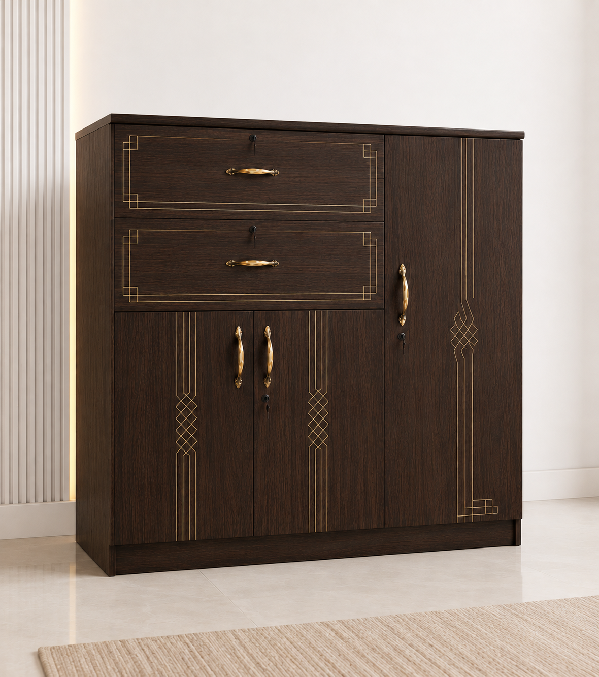 Picture of FurniQ Furniture 3 Door Cupboard, 3 Door Cabinet, Storage Cupboard, Storage Cabinet, Home Storage Cabinet, 2 Drawer Cupboard, Bedroom Cupboard, Multipurpose Storage Cabinet, Melamine Board Cupboard, 47 W × 21 D × 48 H Inches | FurniQ Furniture
