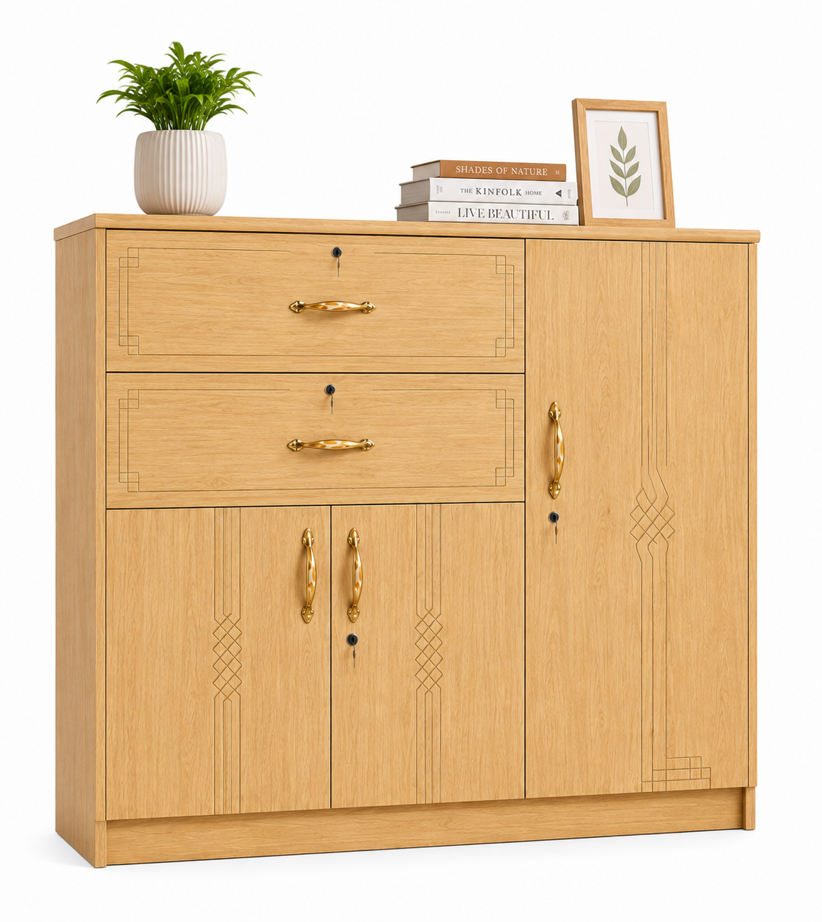 Picture of FurniQ Furniture 3 Door Cupboard, 3 Door Cabinet, Storage Cupboard, Storage Cabinet, Home Storage Cabinet, 2 Drawer Cupboard, Bedroom Cupboard, Multipurpose Storage Cabinet, Melamine Board Cupboard, 47 W × 21 D × 48 H Inches | FurniQ Furniture